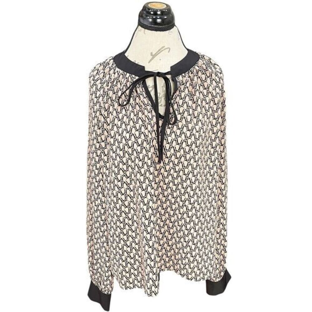Shein Womens Blouse Sz Large Black Beige Bow Tied Retro Monochrome Parisian Chic